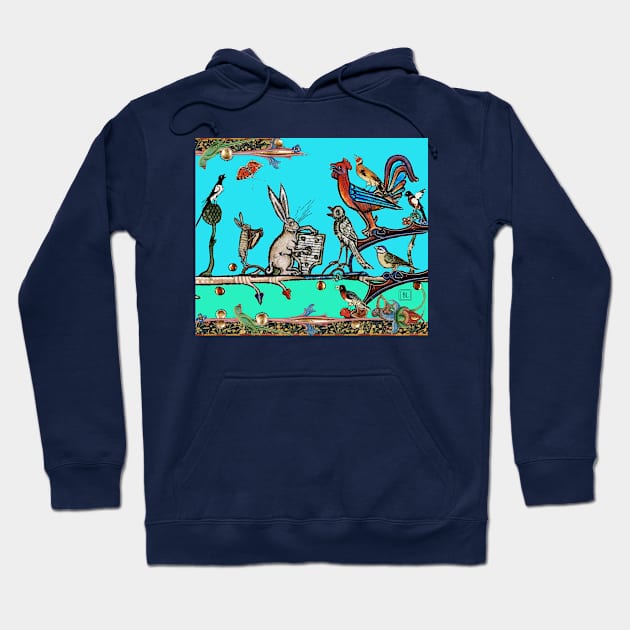 WEIRD MEDIEVAL BESTIARY MORNING MUSIC CONCERT OF RABBITS AND BIRDS IN TEAL BLUE Hoodie by BulganLumini